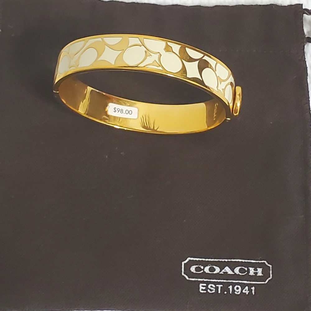Coach Goldtone and White Sigbature Logo Hinged Bangle Bracelet